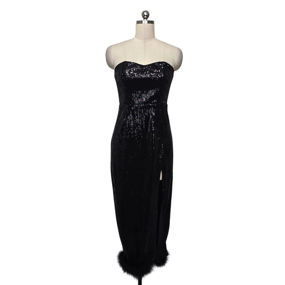 NBD Black Strapless Sequin Midi Dress Ostrich Feather Trim Slit Size Small